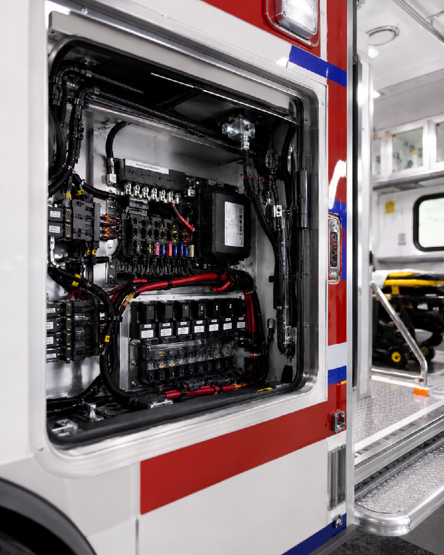 Electrical cabling and distribution system inside an emergency vehicle